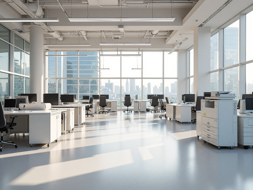 现代化国际商务办公环境,开放工作区域配备进口设备,员工正在操作精密仪器,明亮自然光照明