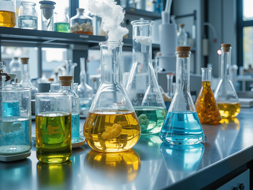 工业化学用品展示,各种化学试剂瓶整齐排列,专业实验室背景,安全防护环境