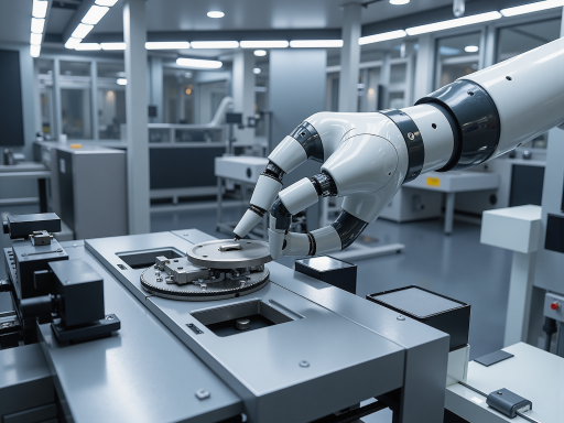 FA自动化设备展示,工业机器人手臂正在作业,现代化生产车间背景,精密制造环境