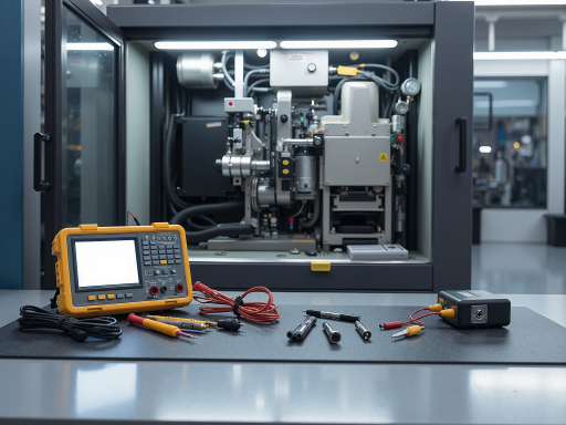 电子设备展示,多种精密仪器整齐排列,现代化工业环境背景,专业照明设备